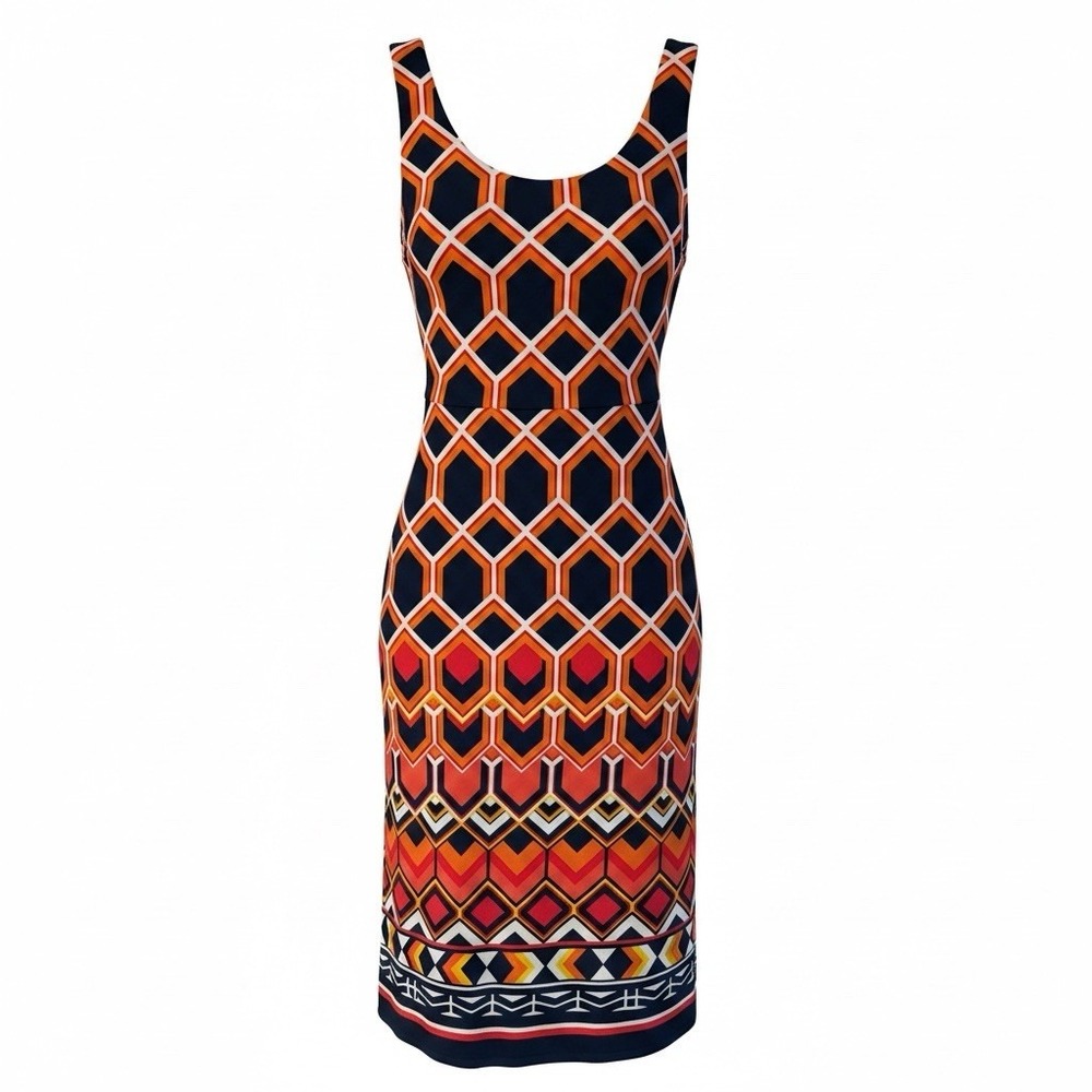 Glamour Sleeveless Honeycomb Dress Size 10 Flare Fit  Blue Orange Pleated Border